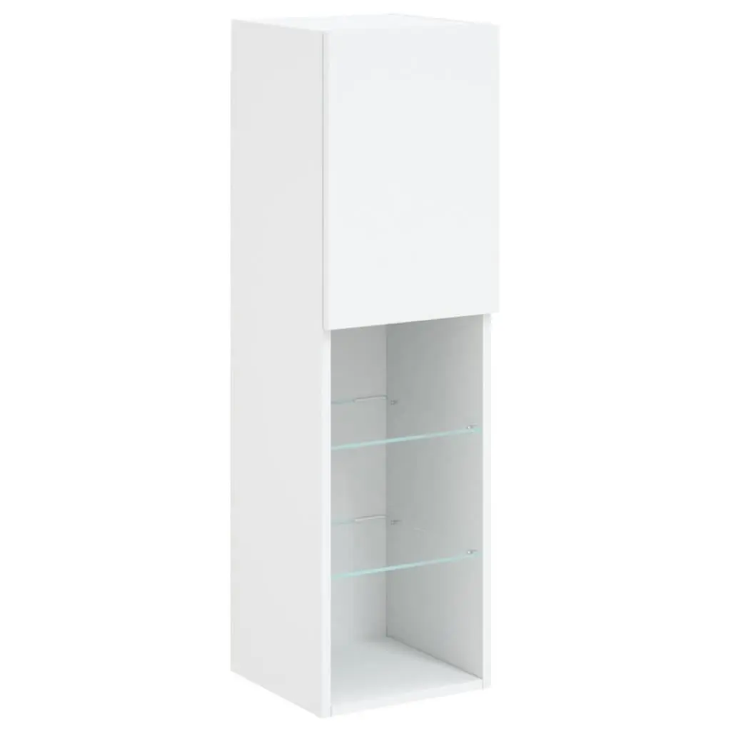 TV Wall Cabinet Set White Floating 7 Piece Engineered Wood Storage Unit with RGB LED Lights