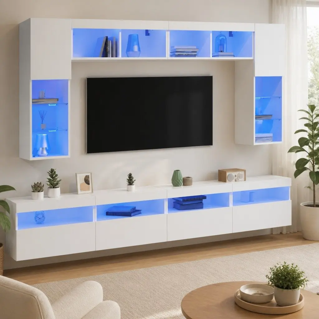 TV Wall Cabinet Set White 8 Piece Engineered Wood with RGB LED Lights
