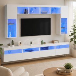 Floating White TV Wall Cabinet Set with RGB LED Lights