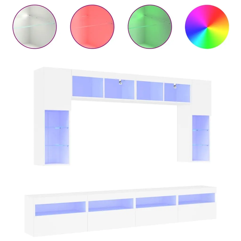 TV Wall Cabinet Set White 8 Piece Engineered Wood with RGB LED Lights