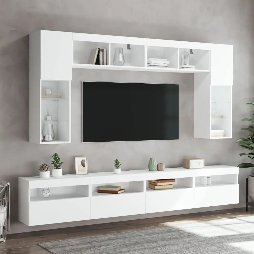TV Wall Cabinet Set White 8 Piece Engineered Wood with RGB LED Lights