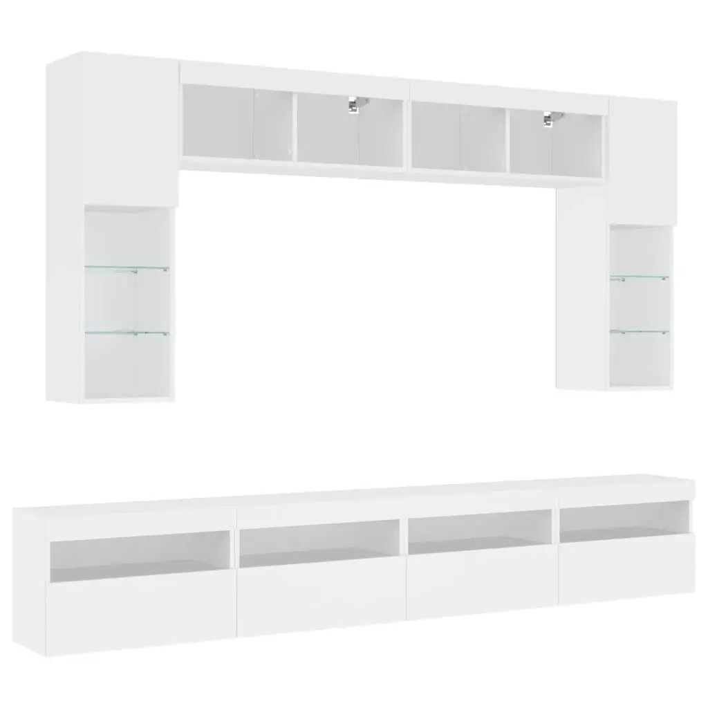 TV Wall Cabinet Set White 8 Piece Engineered Wood with RGB LED Lights