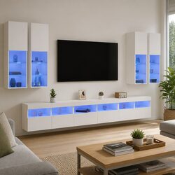 7-Piece White Floating Media Unit with RGB LED Lights