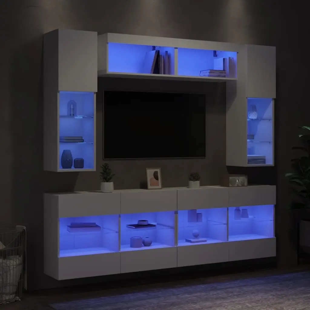 TV Wall Cabinet Set White 6 Piece Engineered Wood with RGB LED Lights