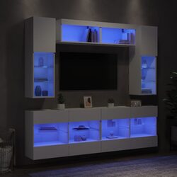 TV Wall Cabinet Set 6 Piece White with RGB LED Lights Storage Shelves