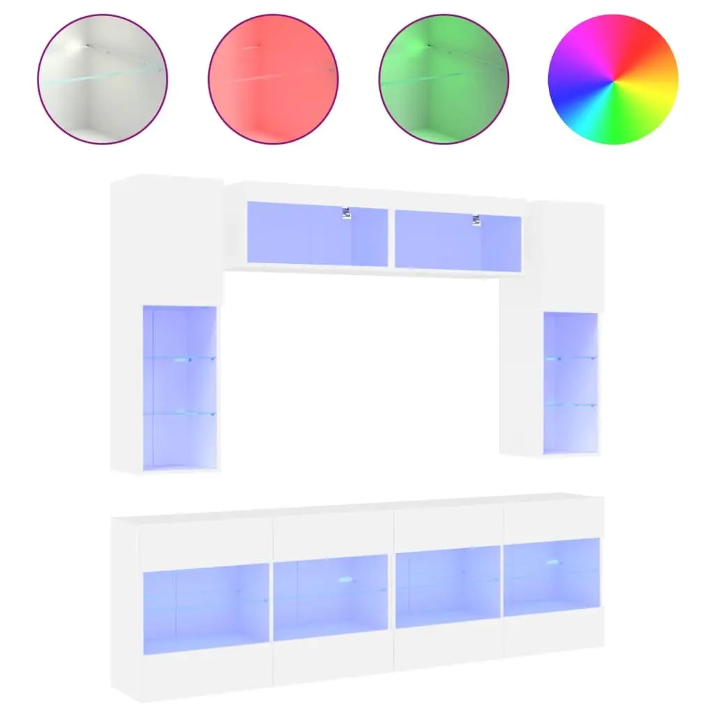 TV Wall Cabinet Set White 6 Piece Engineered Wood with RGB LED Lights