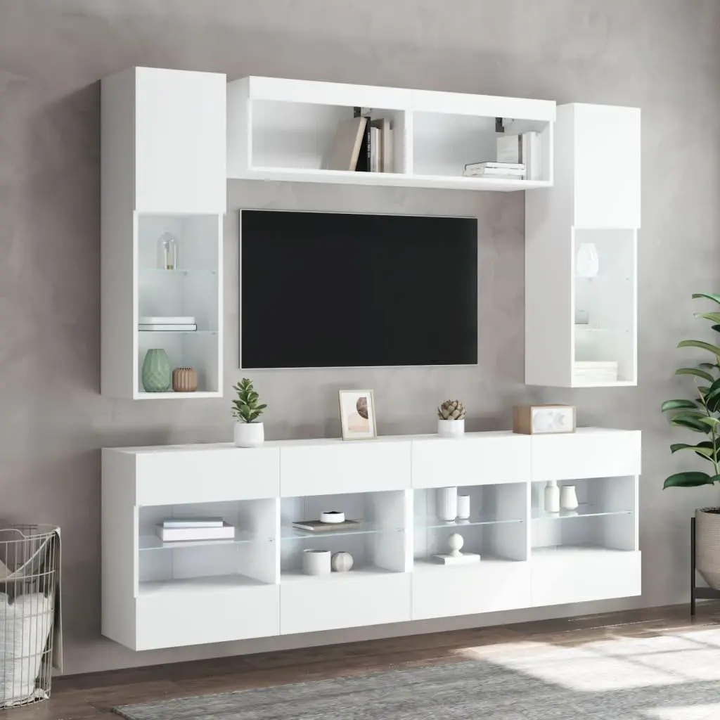 TV Wall Cabinet Set White 6 Piece Engineered Wood with RGB LED Lights