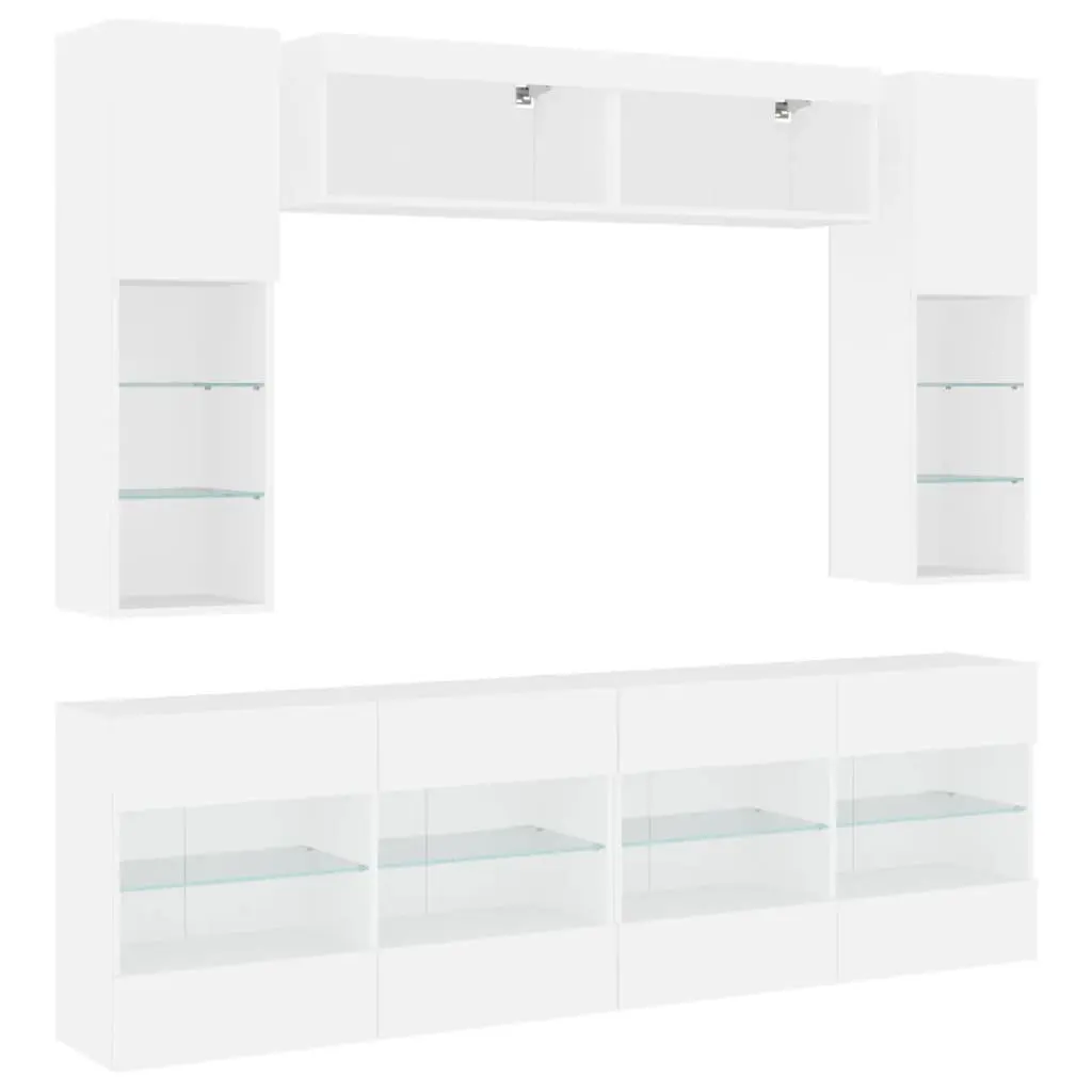 TV Wall Cabinet Set White 6 Piece Engineered Wood with RGB LED Lights