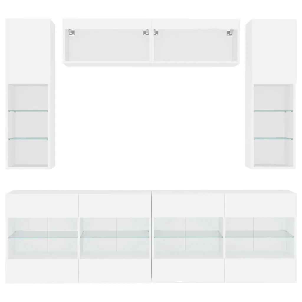 TV Wall Cabinet Set White 6 Piece Engineered Wood with RGB LED Lights