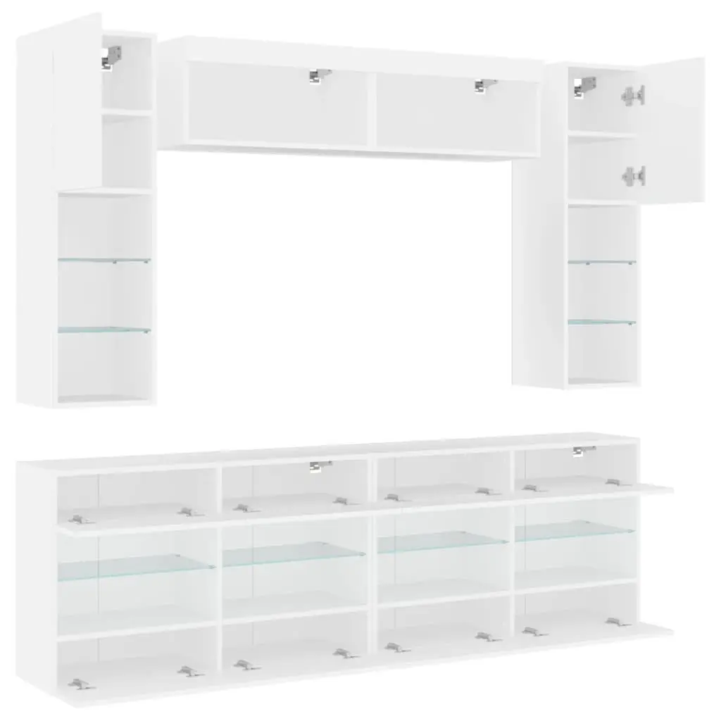 TV Wall Cabinet Set White 6 Piece Engineered Wood with RGB LED Lights