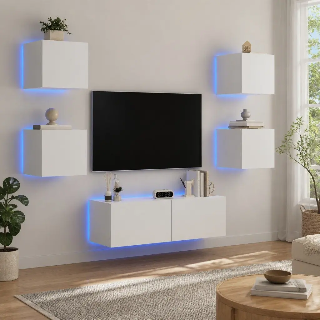 5 Piece TV Wall Cabinets White RGB LED Lights Wall-mounted Storage Engineered Wood