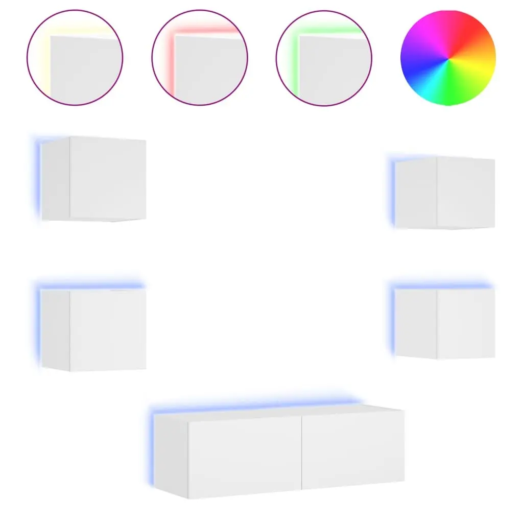 5 Piece TV Wall Cabinets White RGB LED Lights Wall-mounted Storage Engineered Wood