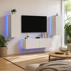 White Floating TV Wall Cabinets with RGB LED Lighting