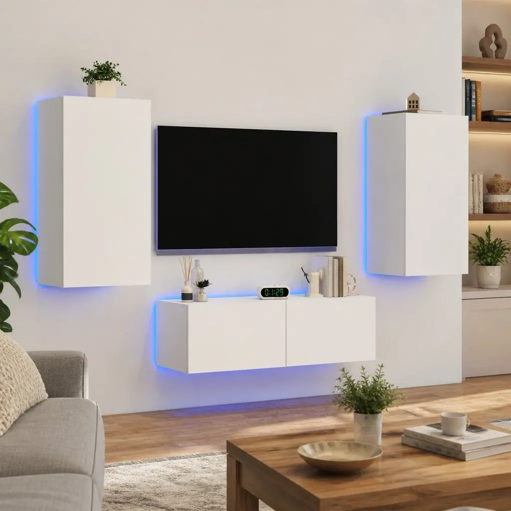 Floating White TV Cabinets with RGB LED Lighting