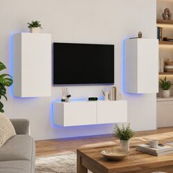 Floating White TV Cabinets with RGB LED Lighting