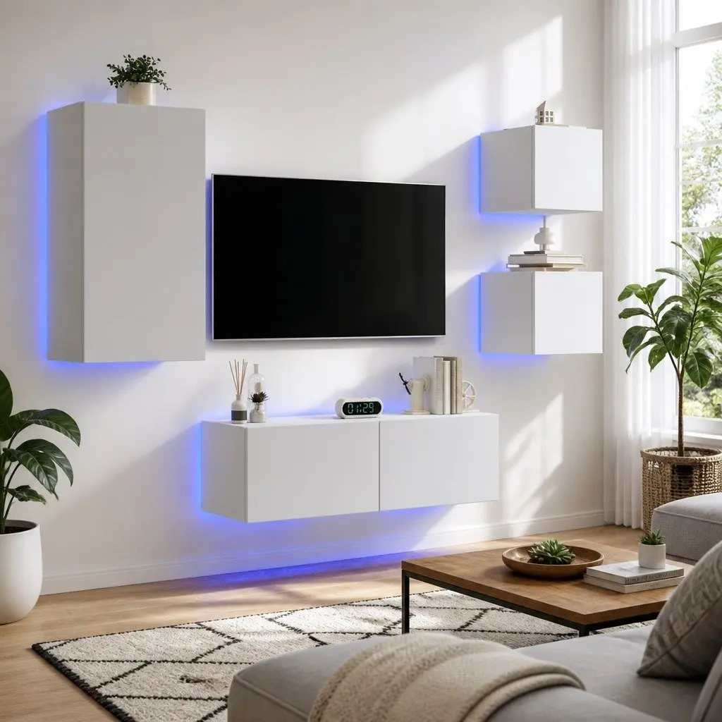 White Floating Storage Units with RGB LED Lights
