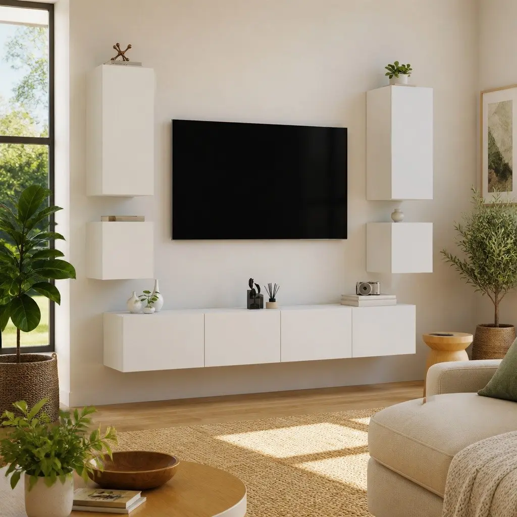 6 Piece White Wall Mounted TV Cabinets RGB LED Lights Engineered Wood Floating Storage Units