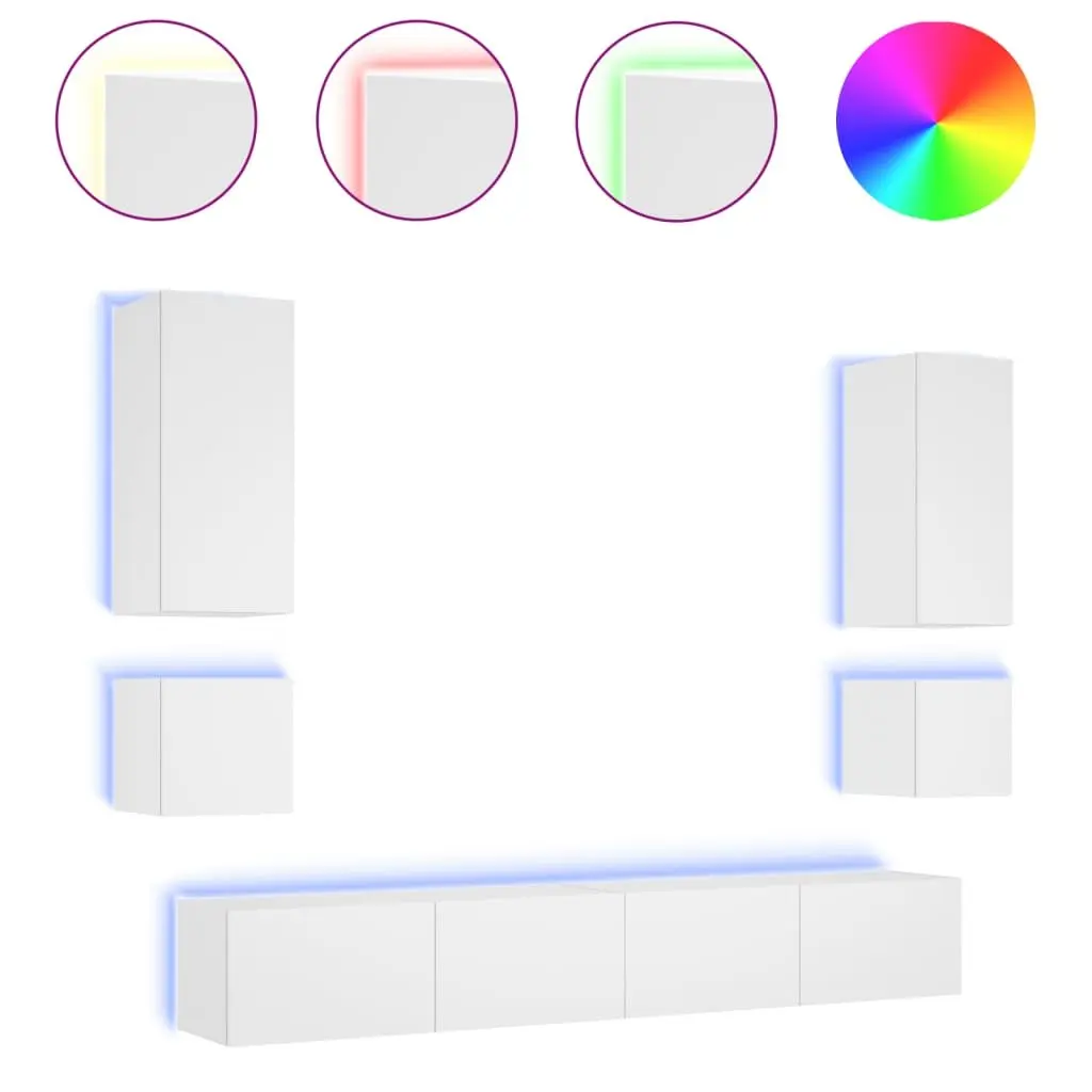 6 Piece White Wall Mounted TV Cabinets RGB LED Lights Engineered Wood Floating Storage Units