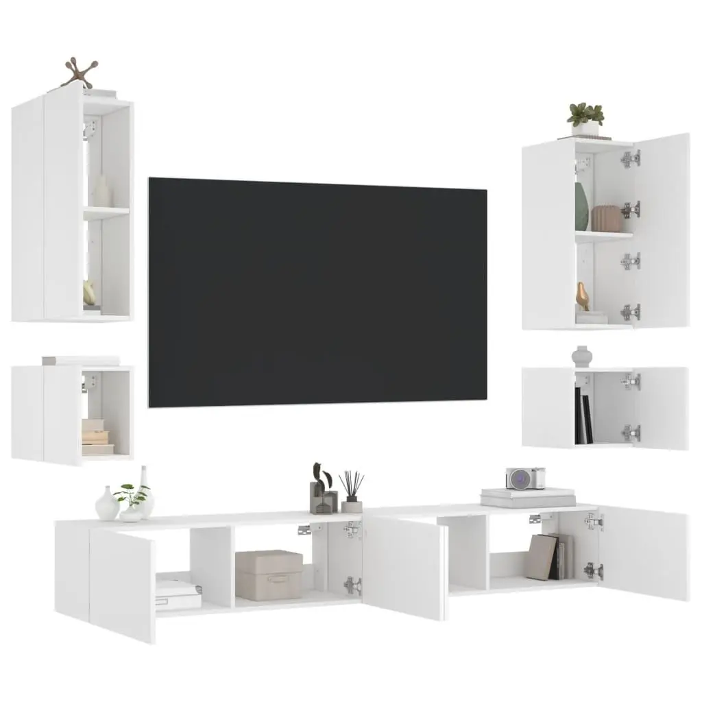 6 Piece White Wall Mounted TV Cabinets RGB LED Lights Engineered Wood Floating Storage Units