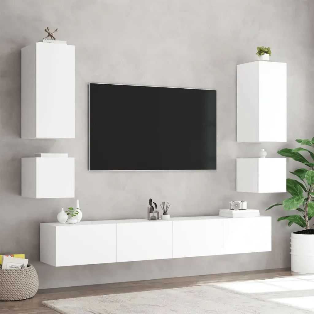 6 Piece White Wall Mounted TV Cabinets RGB LED Lights Engineered Wood Floating Storage Units