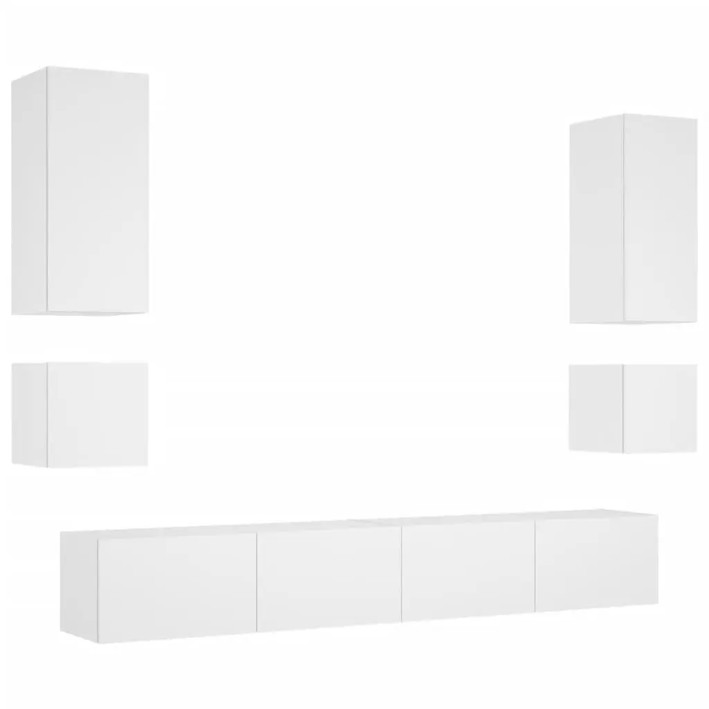 6 Piece White Wall Mounted TV Cabinets RGB LED Lights Engineered Wood Floating Storage Units