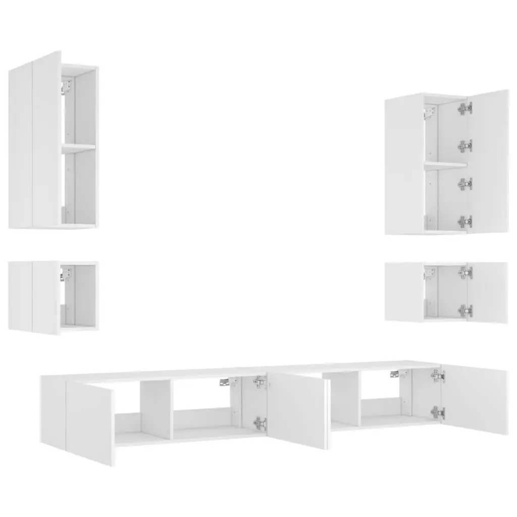 6 Piece White Wall Mounted TV Cabinets RGB LED Lights Engineered Wood Floating Storage Units