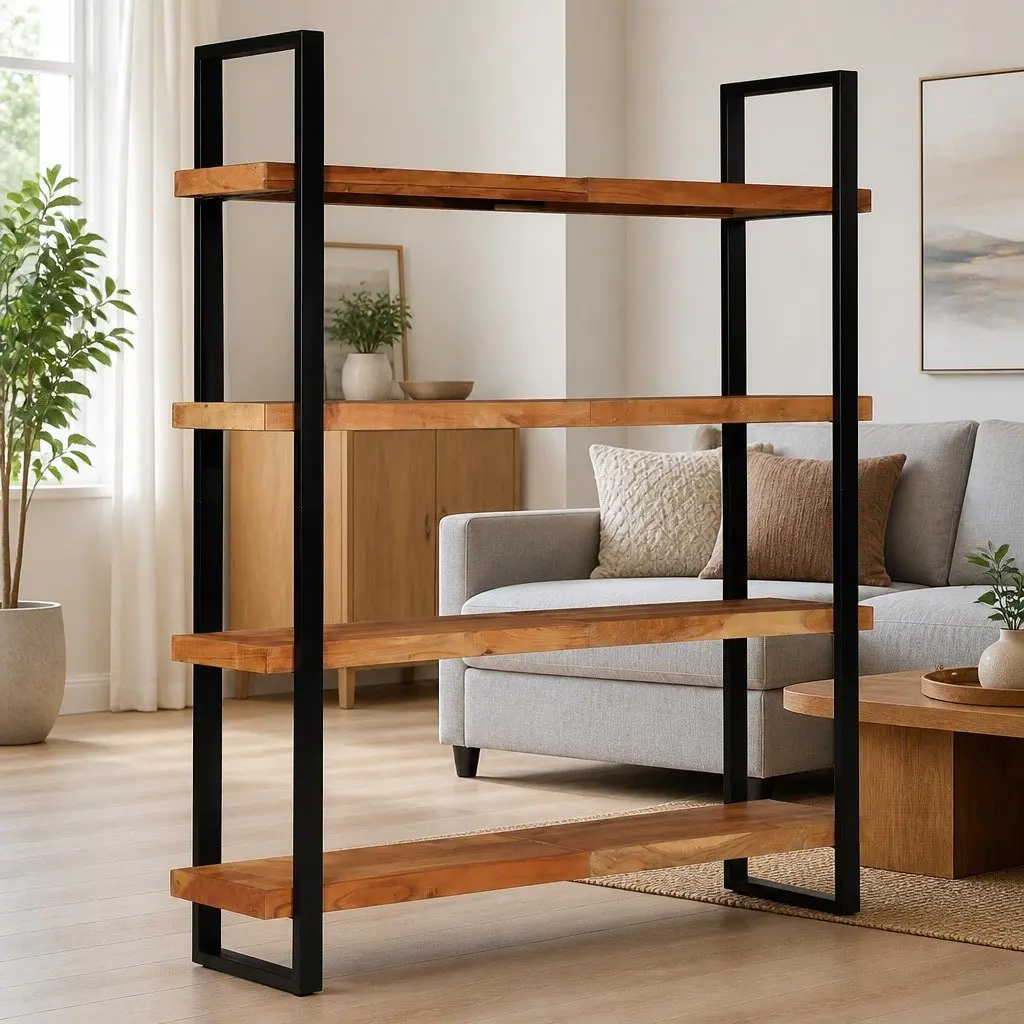 4-Tier Bookcase Industrial Style 160x40x180 cm Solid Acacia Wood Shelving Unit