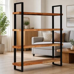 4-Tier Bookcase in Solid Acacia Wood with Iron Frame
