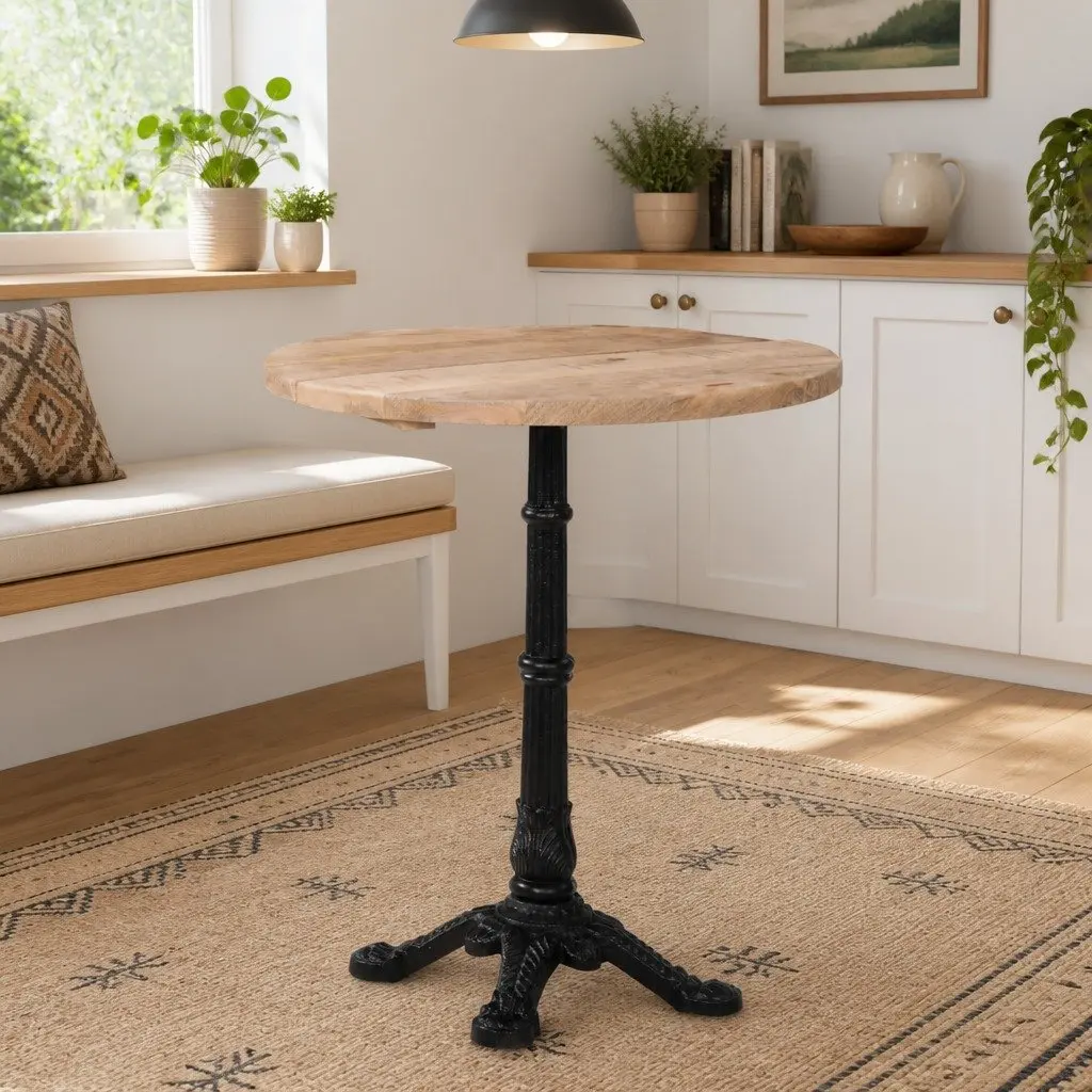 Round Wooden Bistro Dining Table with Cast Iron Base