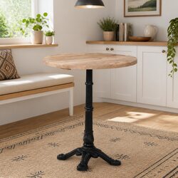 Round Wooden Bistro Dining Table with Cast Iron Base