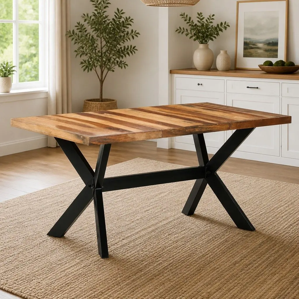 Industrial Dining Table Solid Wood 160x80x75 cm Steel Legs Cross Frame