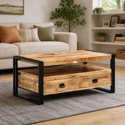 Warm Brown Coffee Table with Drawers and Shelf