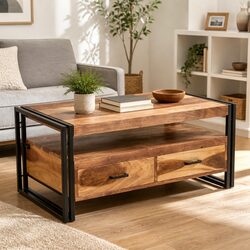 Warm Acacia Wood Coffee Table with Storage