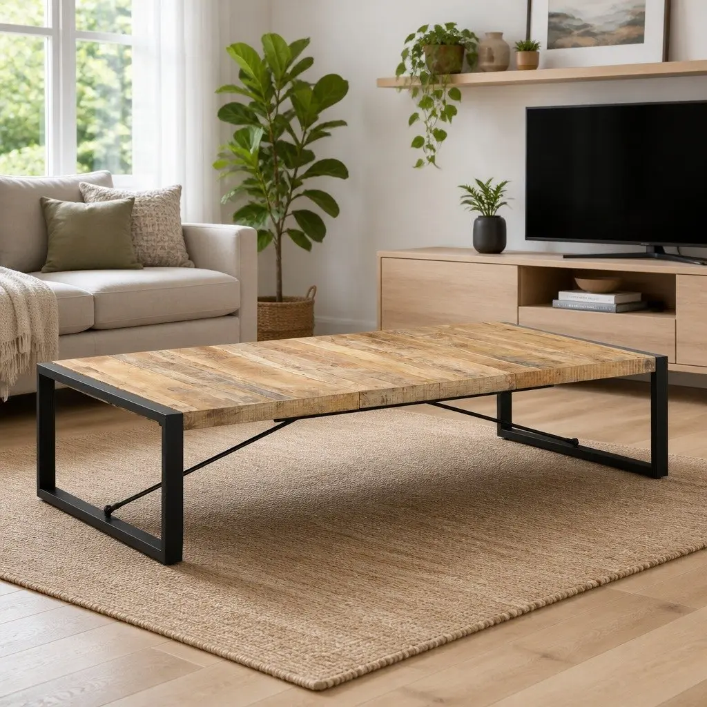 Industrial Coffee Table 180x90x40 cm Solid Mango Wood Living Room Furniture