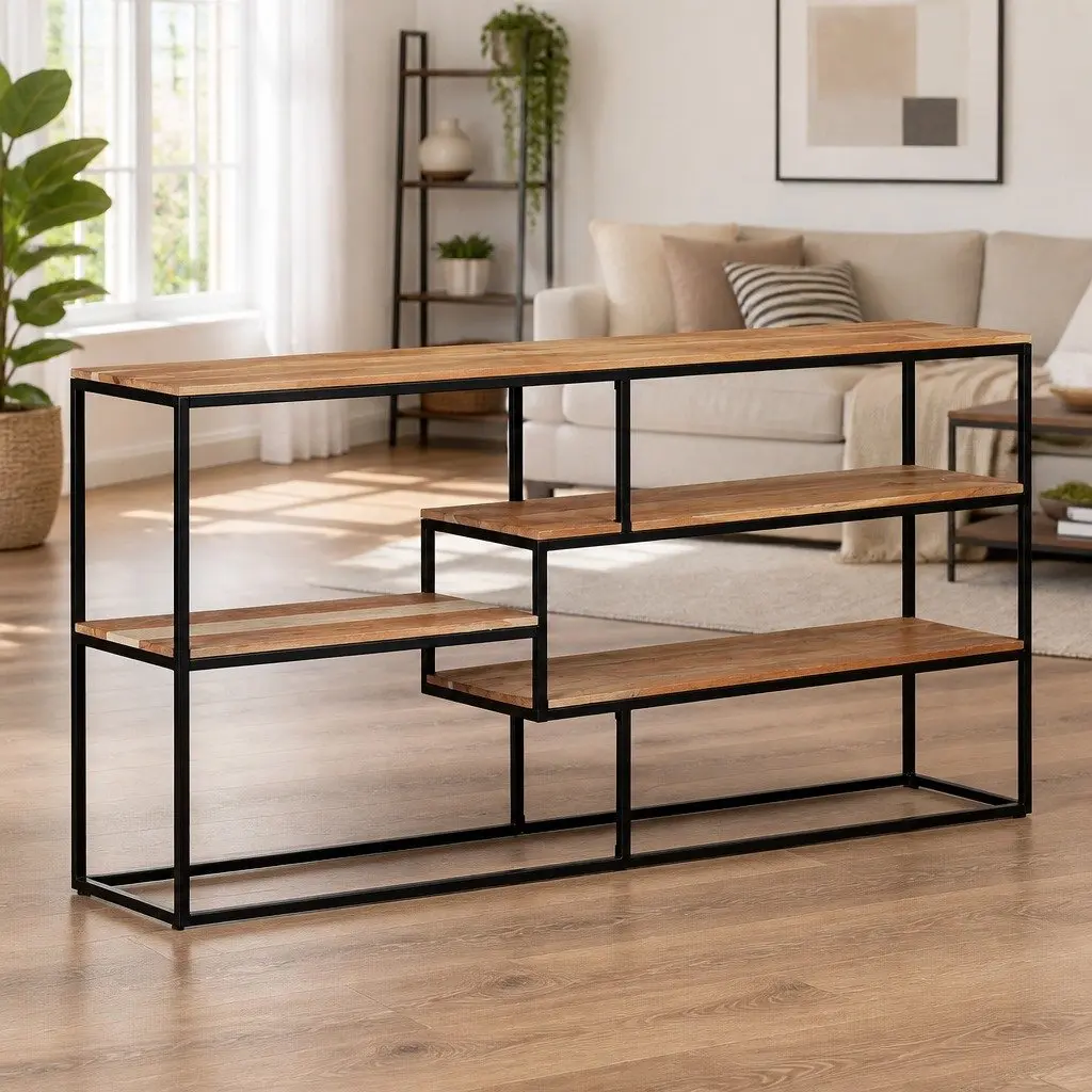 Solid Acacia Wood Sideboard Industrial 150x30x75 cm Brown Steel Frame