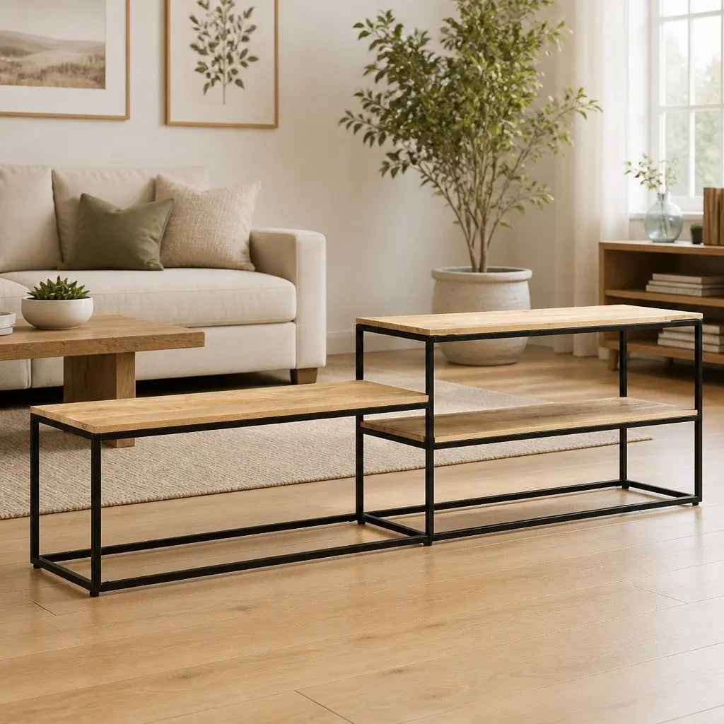TV Cabinet Industrial Style 180x30x50 cm Rough Mango Wood with Steel Frame
