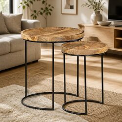 2 Piece Coffee Table Set in Solid Mango Wood and Steel Frame