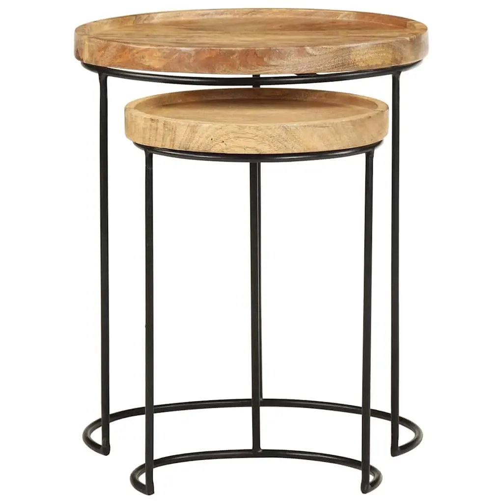 2 Piece Coffee Table Set in Solid Mango Wood and Steel Frame