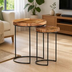Warm Acacia Wood Coffee Table Set with Steel Frames
