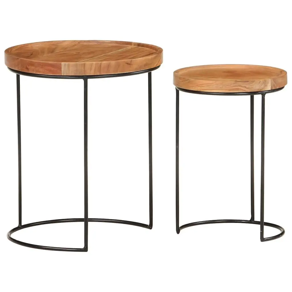 2 Piece Coffee Table Set Solid Acacia Wood Steel Frame Brown Accent Living Room