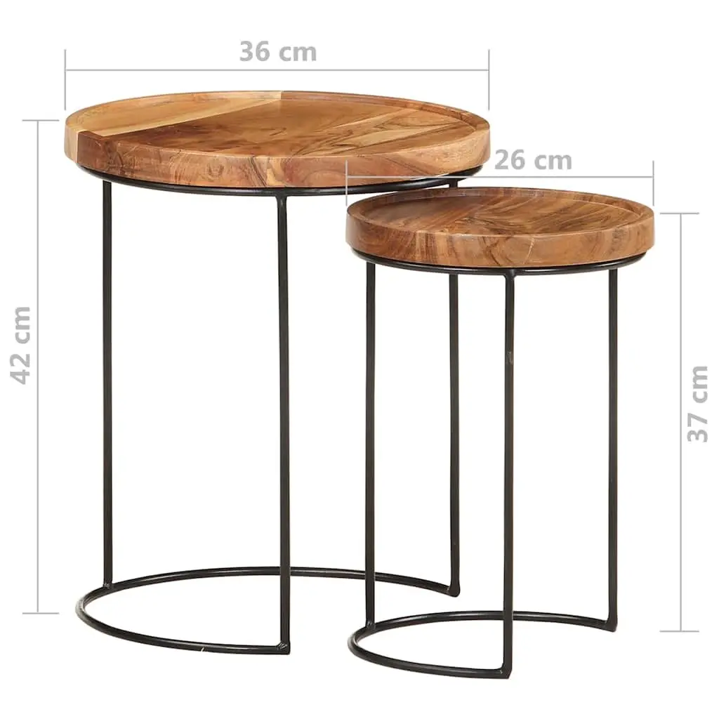 2 Piece Coffee Table Set Solid Acacia Wood Steel Frame Brown Accent Living Room