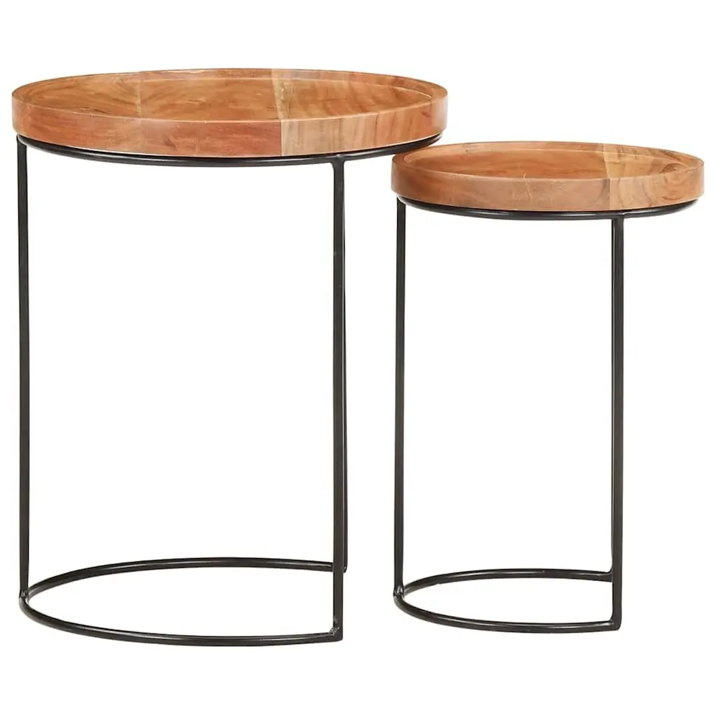 2 Piece Coffee Table Set Solid Acacia Wood Steel Frame Brown Accent Living Room
