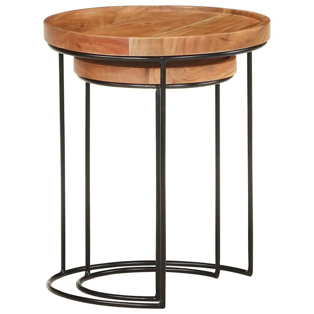 2 Piece Coffee Table Set Solid Acacia Wood Steel Frame Brown Accent Living Room