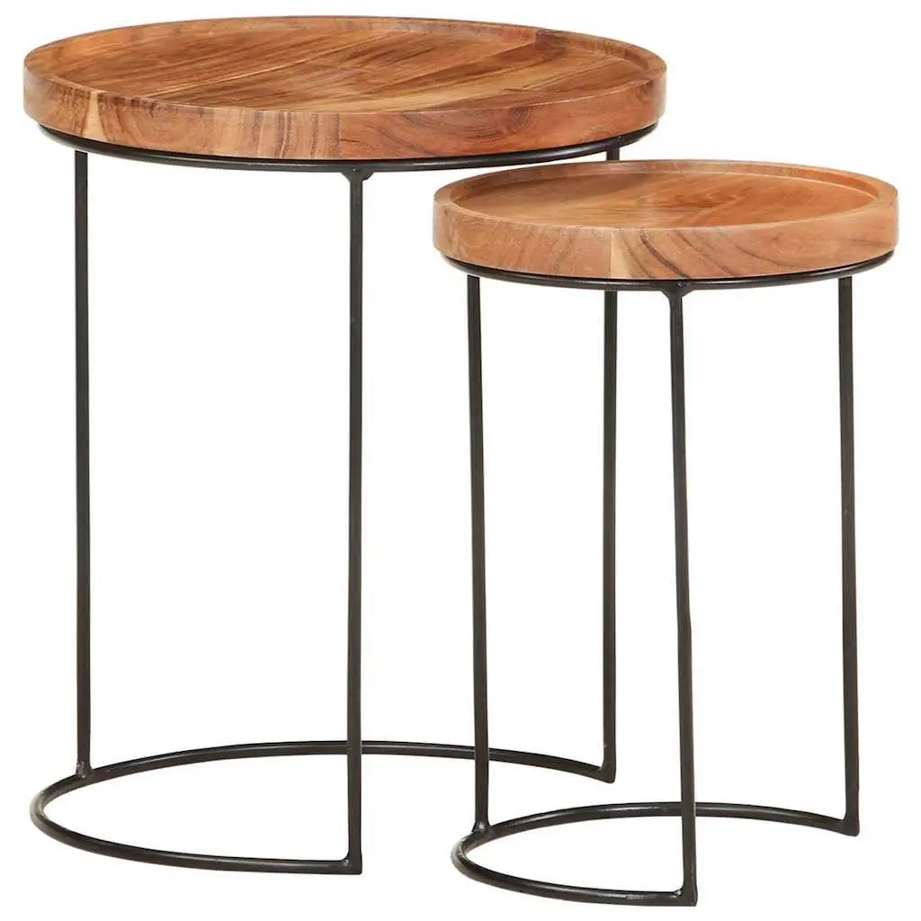 2 Piece Coffee Table Set Solid Acacia Wood Steel Frame Brown Accent Living Room