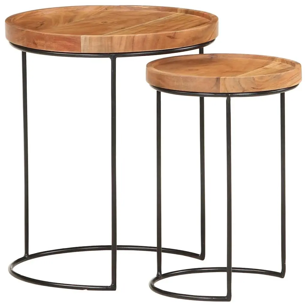 2 Piece Coffee Table Set Solid Acacia Wood Steel Frame Brown Accent Living Room