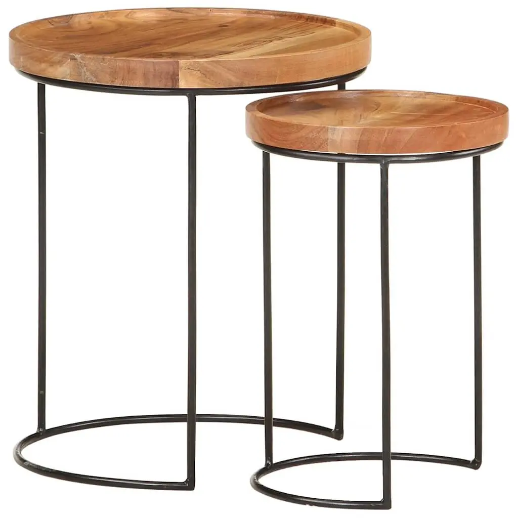 2 Piece Coffee Table Set Solid Acacia Wood Steel Frame Brown Accent Living Room