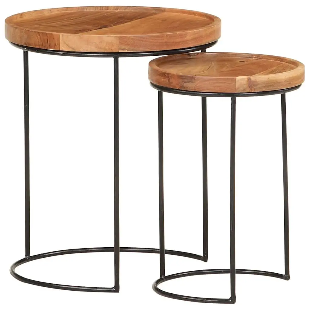 2 Piece Coffee Table Set Solid Acacia Wood Steel Frame Brown Accent Living Room