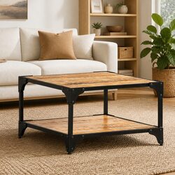 Solid Mango Wood Coffee Table with Storage Shelf