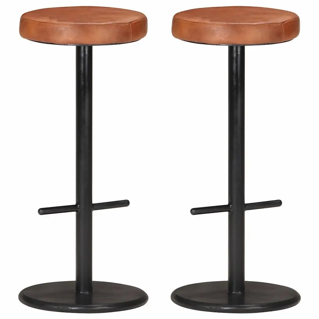 Bar Stools Brown Real Leather Seats Footrest 2 Piece Powder-coated Iron Frames