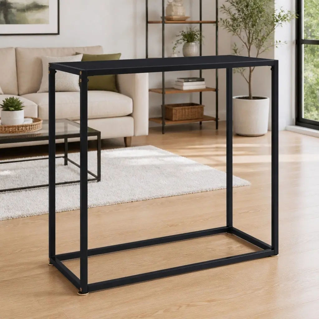 Black Glass Console Table with Steel Frame